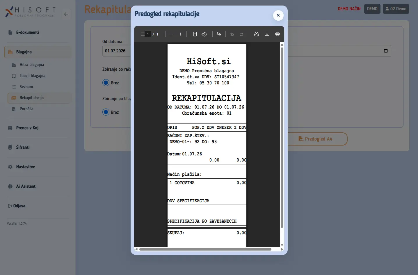 Predogled rekapitulacije blagajne