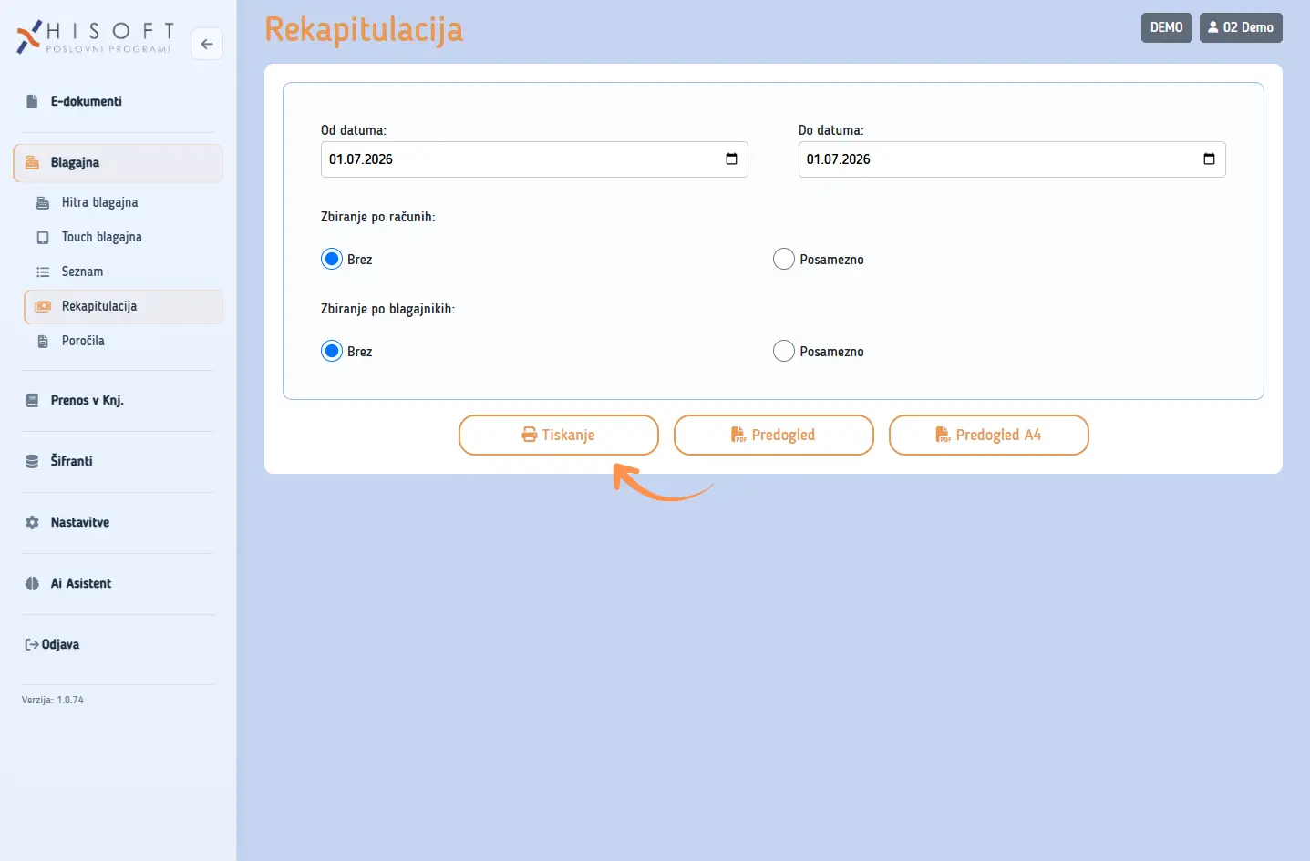 Tiskanje rekapitulacije blagajne