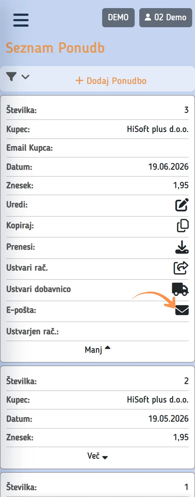 Pošiljanje ponudbe po e-pošti na telefonu