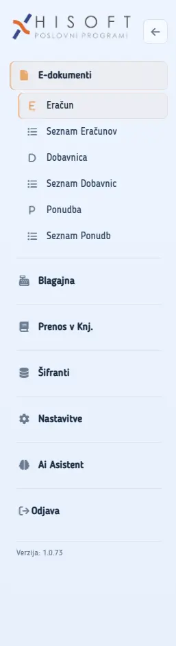 Glavni meni aplikacije na računalniku
