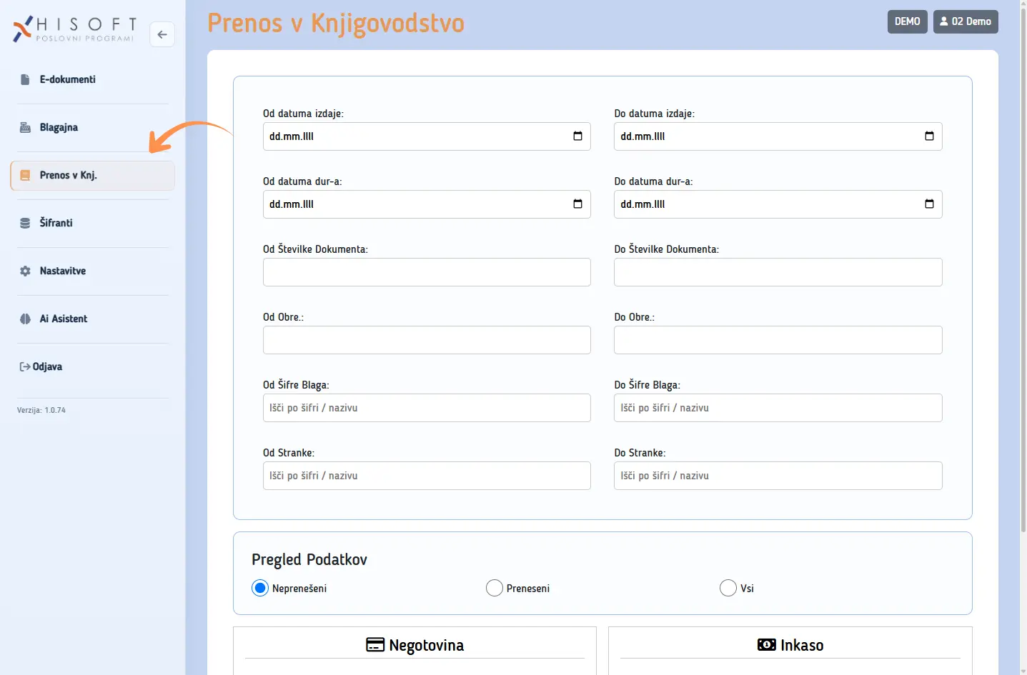 Lokacija menija Prenos v knjigovodstvo