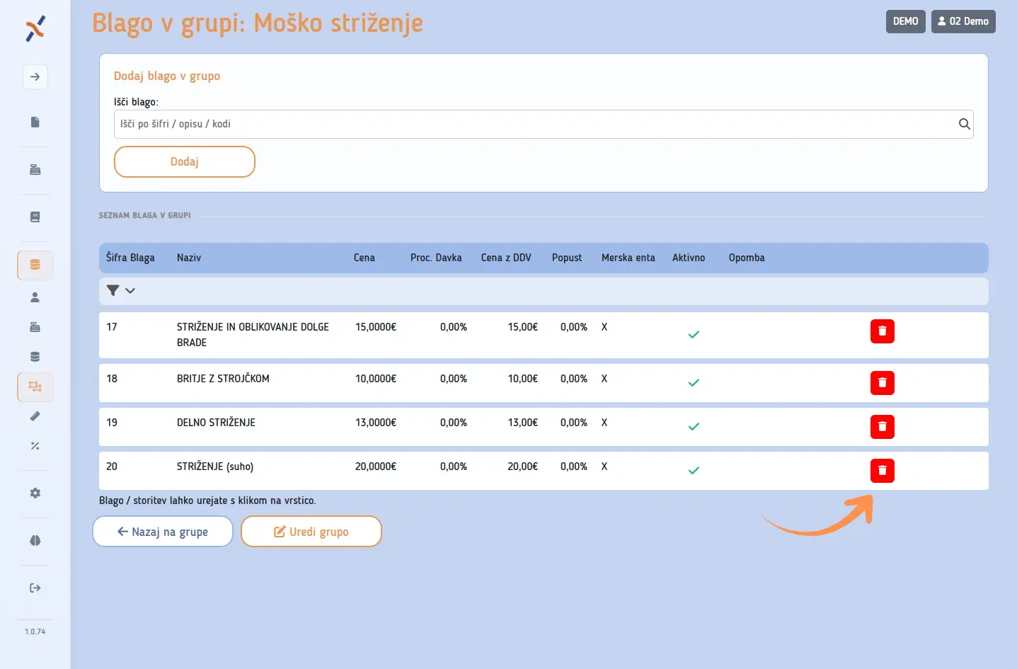 Odstranjevanje artikla iz grupe