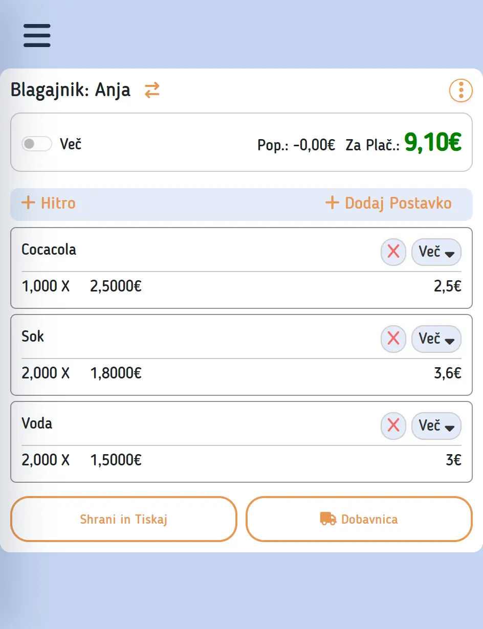 Hitra blagajna v programu NeoBiz